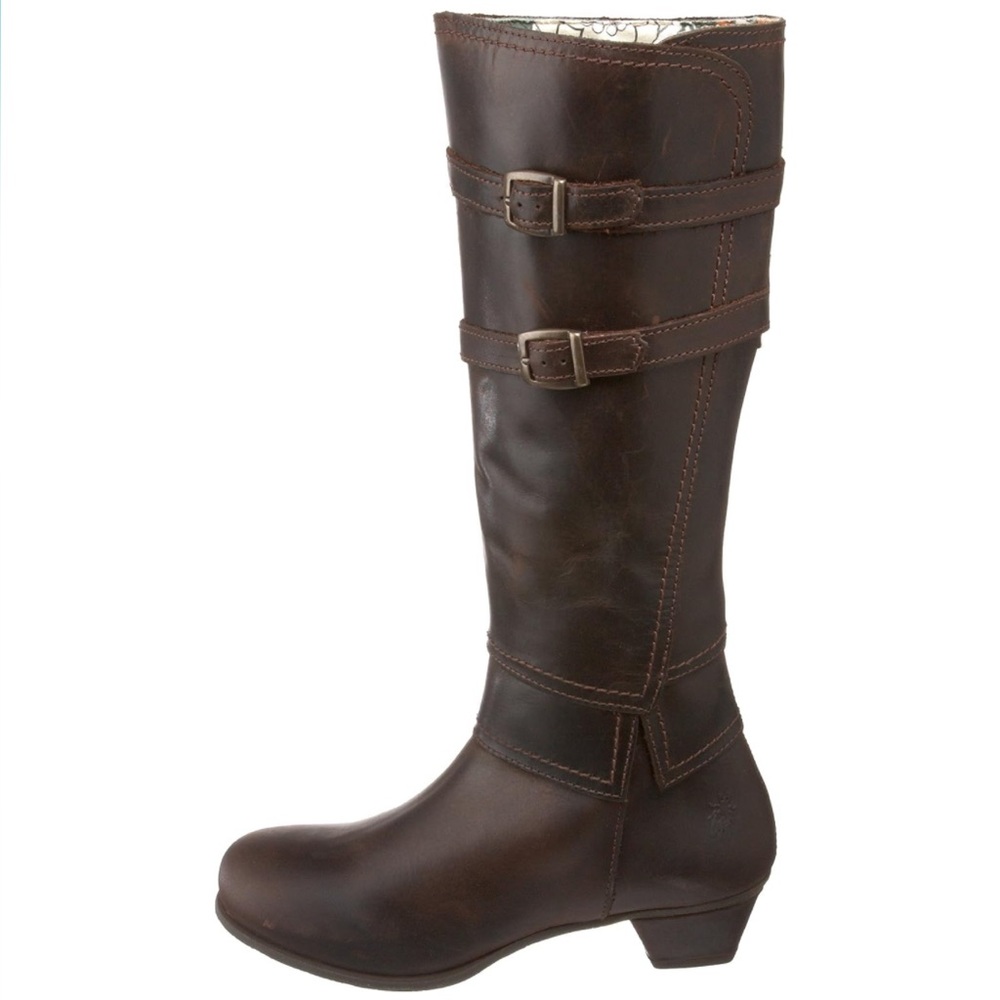 FLY London “Peace” knee-high leather boots in brown. Size 8.
